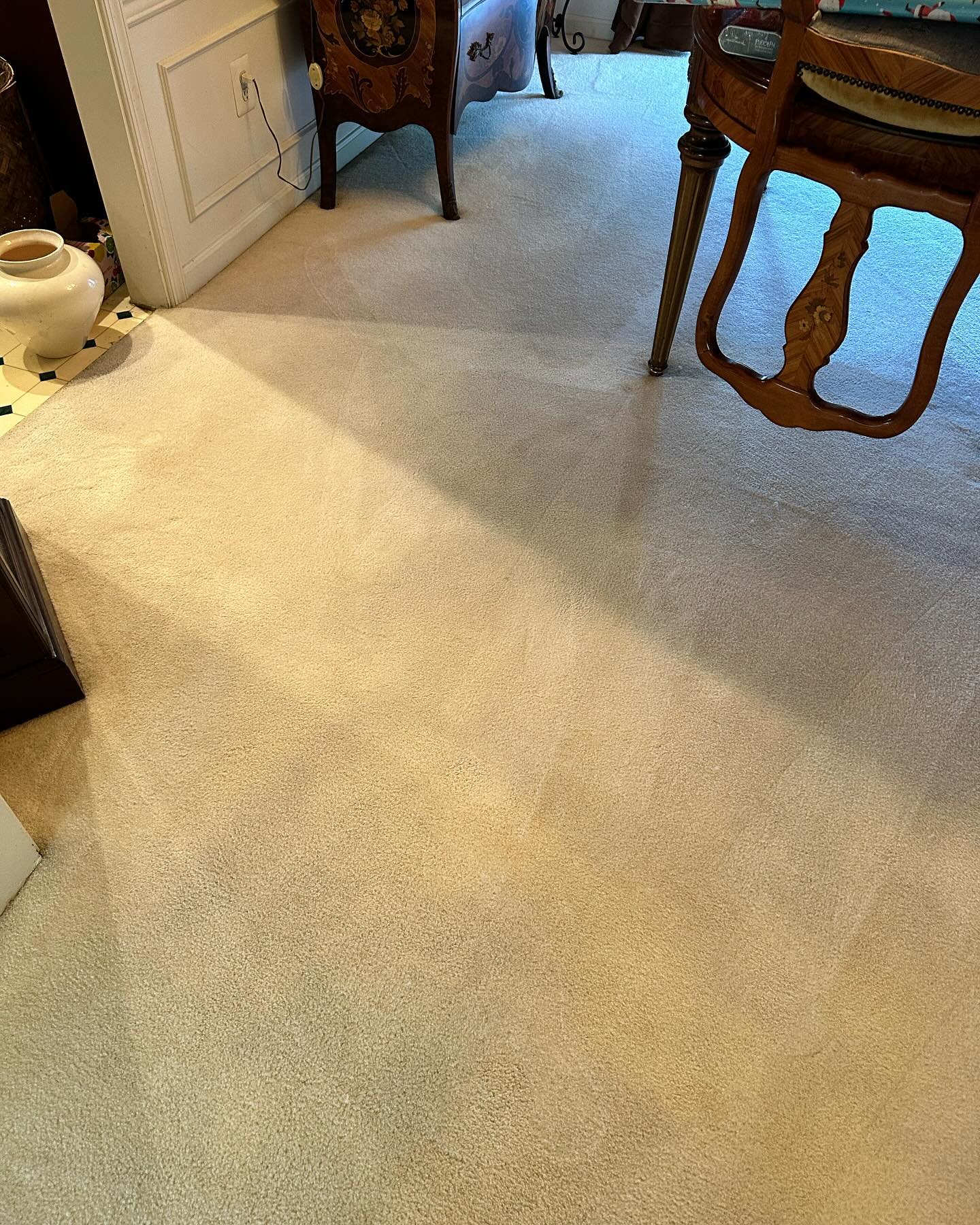 The same dining room carpet after restoration — even cream color, no visible staining