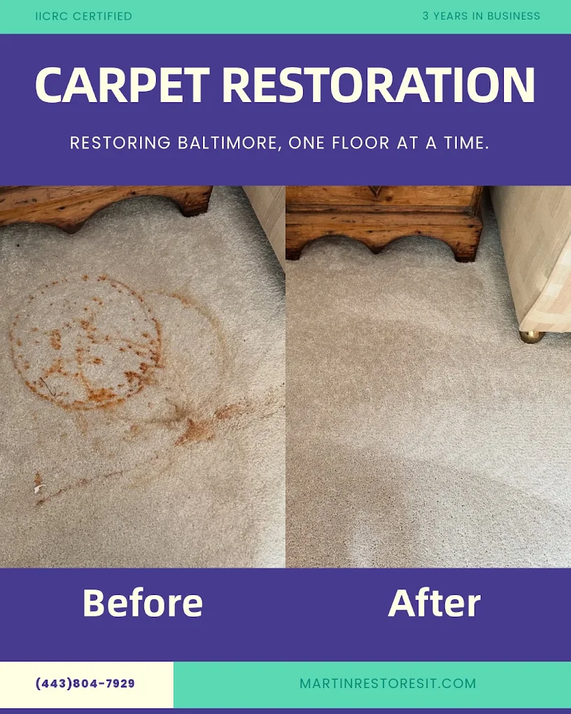 Before and after carpet restoration — rust stain removed from bedroom carpet in Baltimore