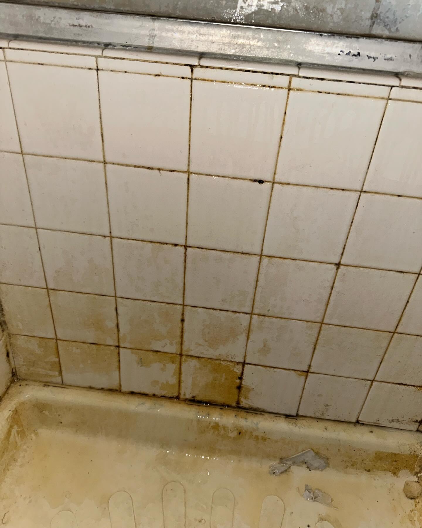 Shower tile with heavily stained brown grout and amber-stained shower pan before restoration